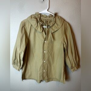 Macphee Tomorrowland Japanese Tan Cotton/Linen Button Down Ruffle Collar Blouse